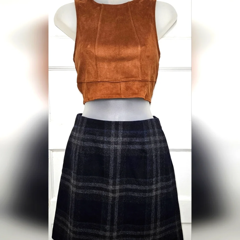 Uniqlo Blue/Grey Plaid Wool Blend Mini Skirt with Pockets Size 2 - Picture 2 of 7